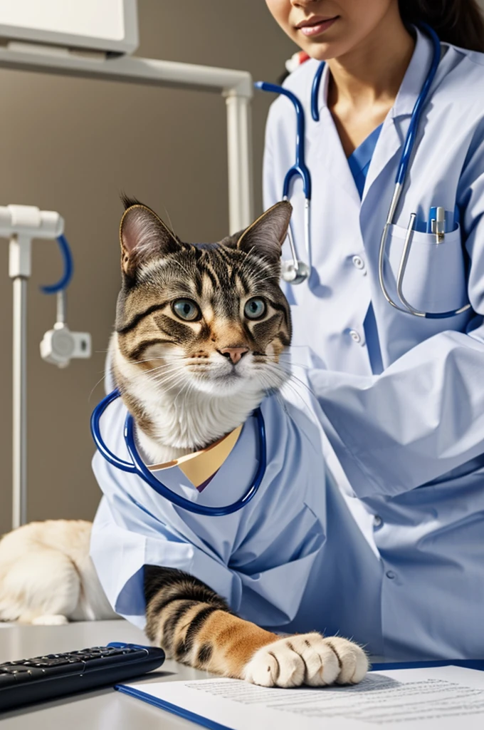 ((best quality)), ((masterpiece)), (detailed), perfect face, a cat dressed as a doctor, working in a hospital, (the patient is a dog)