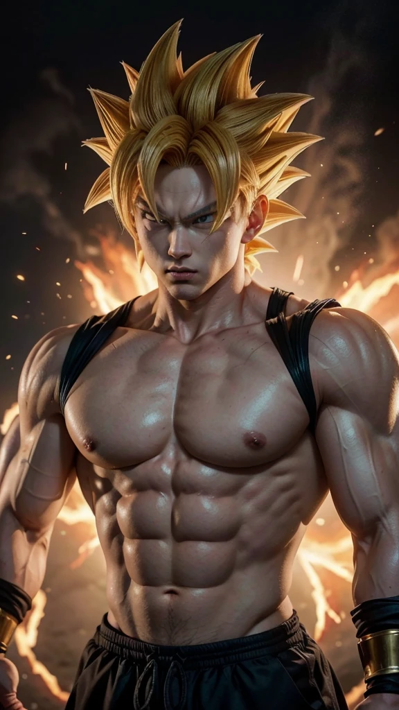 "A male character from the Dragon Ball universe in 4K 3D quality, facing the camera, during the transformation to the Super Saiyan 4 form. The character shows his entire body in the image, displaying expressive, realistic details that emphasize the intensity and power of the transformation. The representation must capture the magnitude and grandeur of the character's metamorphosis into the legendary form of Super Saiyan 4."