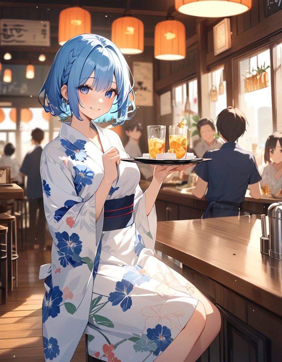 (Highest qualityのイラスト:1.2), (cute女の子:1.1), (1 girl、17 years old、Highest qualityのイラスト:1.2), (1 girl、smile、Beautiful breasts、Very detailedな目:1.2)、Bright blue hair、Short Bob Hair、(Highest quality、Very detailed、Very detailed and beautiful、Ultra-high resolution) 、Stylish cafe、waitress、Yukata、smile、cute