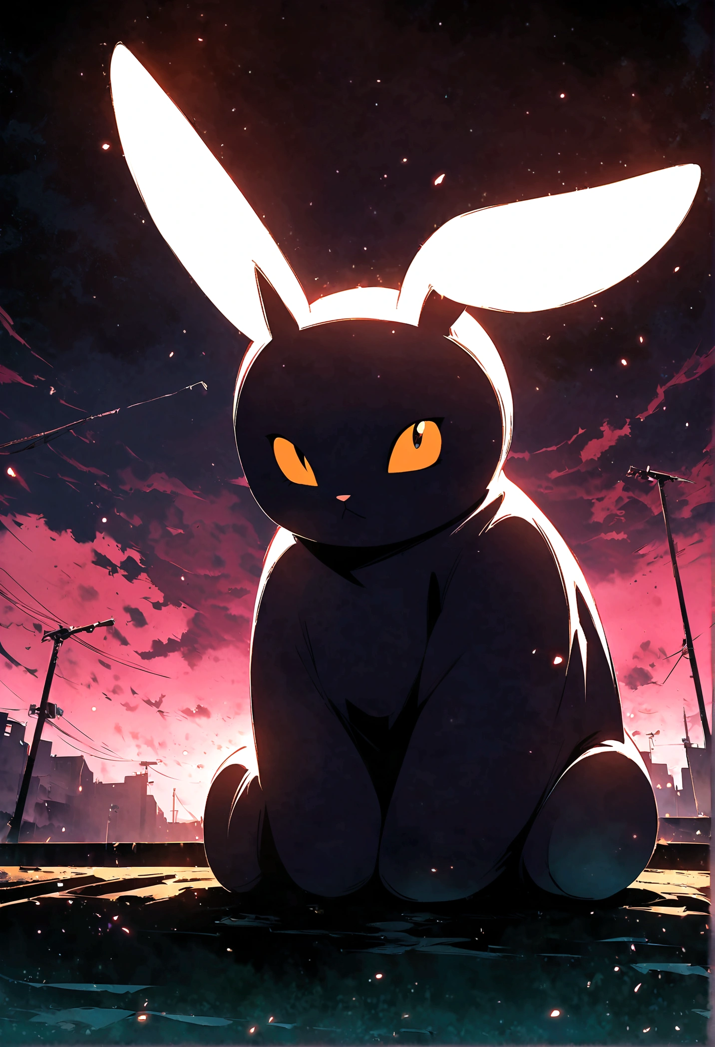 (jujutsu kaisen art style), stuffed bunny sitting by itself, Giant ears , non human, no clothes, artwork
