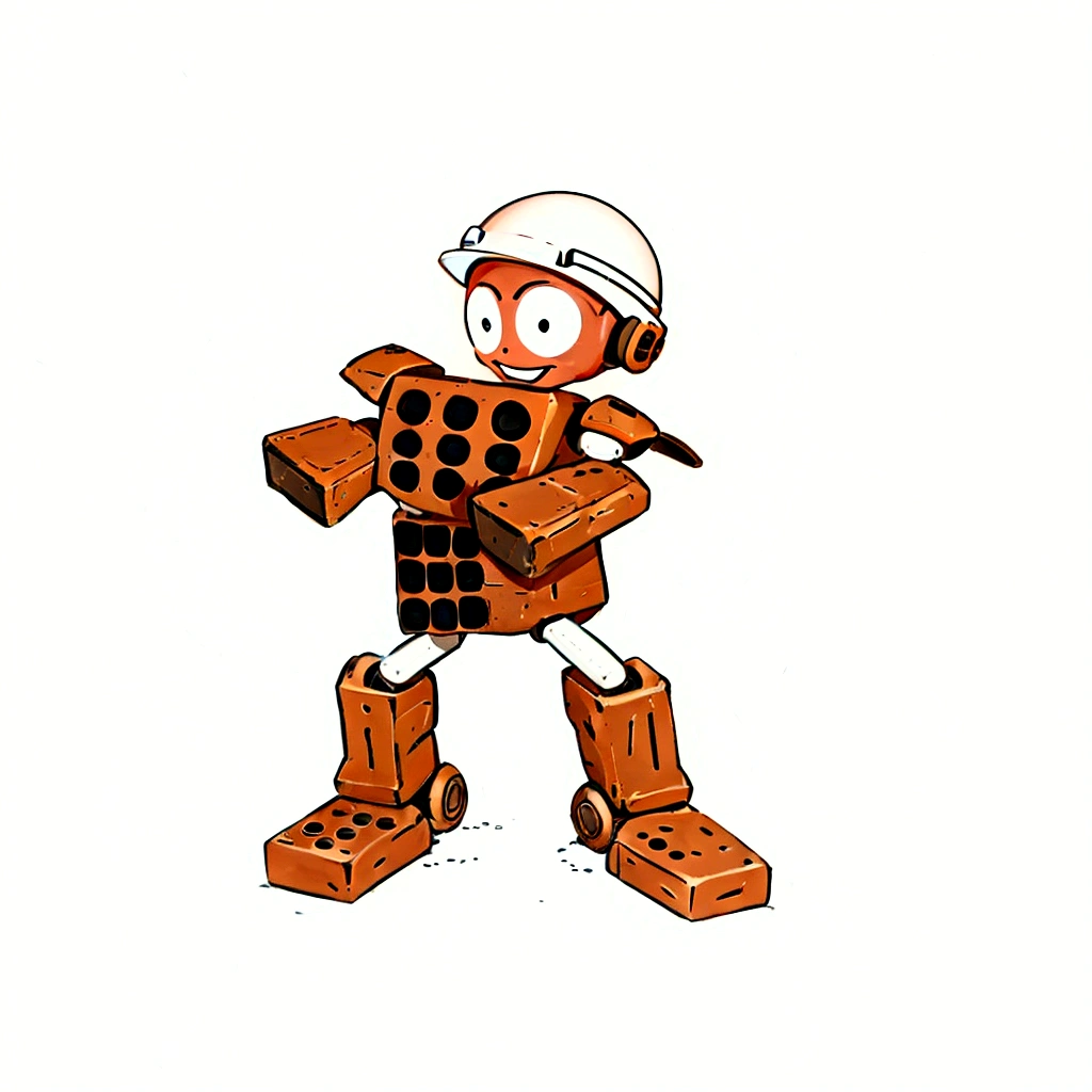 a robot smiles with a spherical head made of bricks, round ears, with white construction helmet, The arms are made of cobblestone bricks each., shoulders made of colonial tiles, The body is made with two bricks with 9 holes in a perpendicular position., the chest showing the 9 holes and the stomach brick with 9 holes on the side, legs made of 2 pvc pipes, calves made of colonial tiles, feet made of bricks with 12 holes