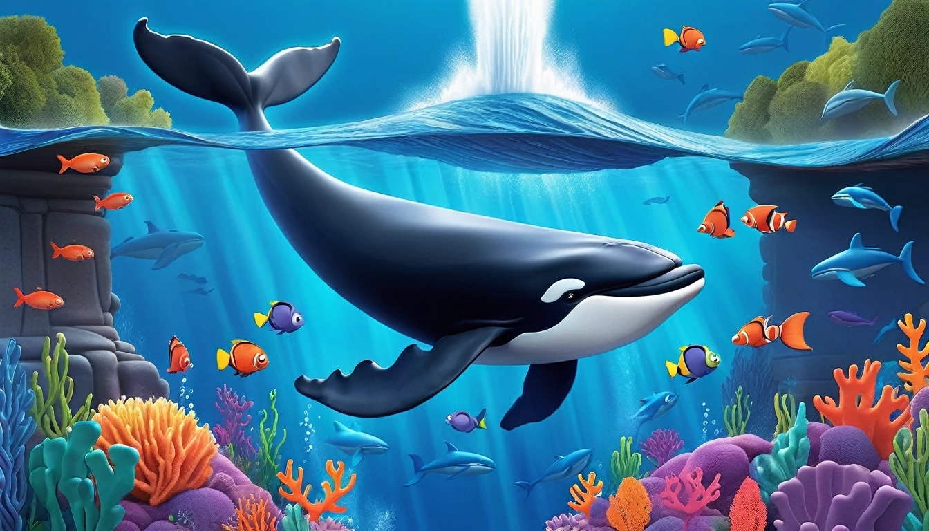 Create a 3-D Pixar style art scene for kids featuring a close-up of a whale's blowhole with water spouting out. The scene should be colorful and vibrant, with an ocean background, coral reefs, and schools of fish. The text 'Whales breathe through blowholes!' should be prominently displayed. The overall mood should be engaging and inviting for young children