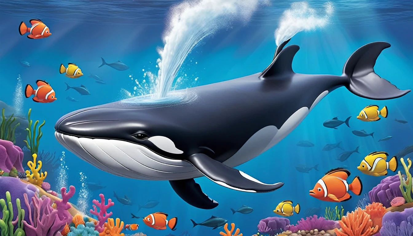 Create a 3-D Pixar style art scene for kids featuring a close-up of a whale's blowhole with water spouting out. The scene should be colorful and vibrant, with an ocean background, coral reefs, and schools of fish. The text 'Whales breathe through blowholes!' should be prominently displayed. The overall mood should be engaging and inviting for young children