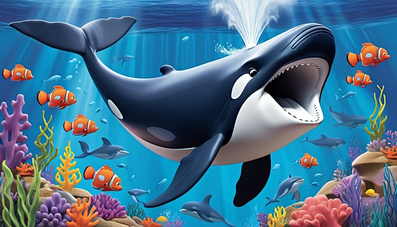 Create a 3-D Pixar style art scene for kids featuring a close-up of a whale's blowhole with water spouting out. The scene should be colorful and vibrant, with an ocean background, coral reefs, and schools of fish. The text 'Whales breathe through blowholes!' should be prominently displayed. The overall mood should be engaging and inviting for young children