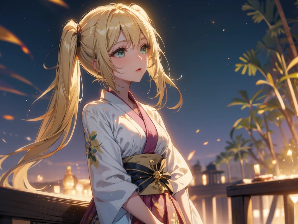 Layla , kimono night in firework , blonde hair, pigtailed haired , long hair , green eyes