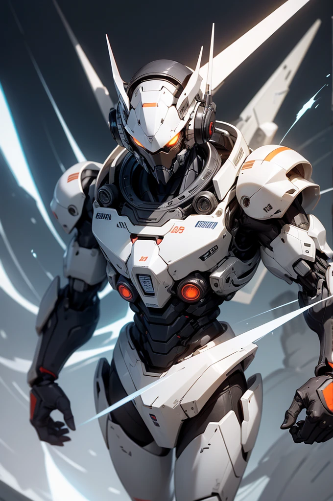 create a unique mecha for me, that only I can use and control to fight monsters and aliens, from a good height and create a weapon for him, something unique, can be white or mechanical, I want him to have 1 eye and to be a little threatening and scary and to have a mouth and to be super charged with energy and for his head to have a bit of a headset
