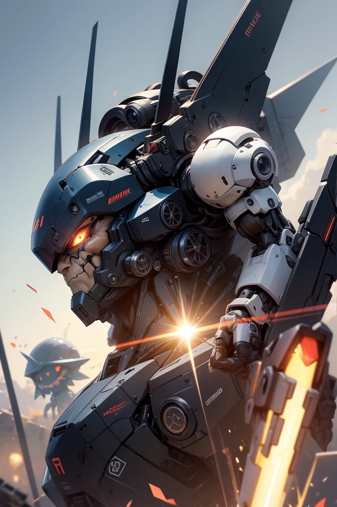 create a unique mecha for me, that only I can use and control to fight monsters and aliens, from a good height and create a weapon for him, something unique, can be white or mechanical, I want him to have 1 eye and to be a little threatening and scary and to have a mouth and to be super charged with energy and for his head to have a bit of a headset