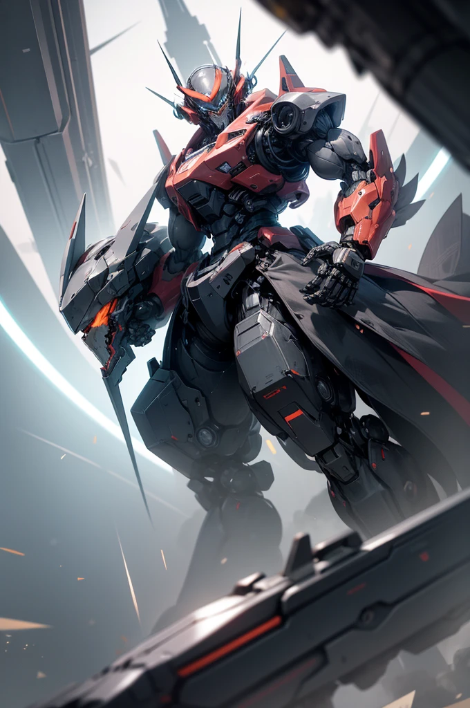 create a unique mecha for me, that only I can use and control to fight monsters and aliens, from a good height and create a weapon for him, something unique, can be white or mechanical, I want him to have 1 eye and to be a little threatening and scary and to have a mouth and to be super charged with energy and for his head to have a bit of a headset