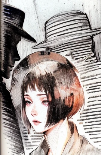 there is a woman in a hat and a suit smoking a cigarette, in style of digital illustration, in a mixed style of æon flux, inspired by Evaline Ness, art nouveau cyberpunk! style, stylized digital illustration, drawn in a neo - noir style, art nouveau! cyberpunk! style, inspired by Shinoda Toko, art deco illustration