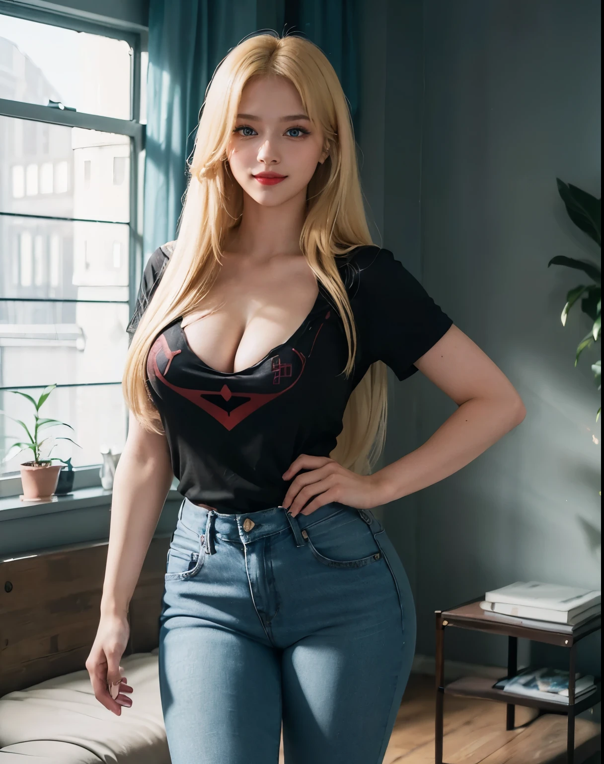 1girl, (Blue Eyes), (smiling :1.2), (Sana Minatozaki), (beautiful makeup :1.2), wide hips, (big :1.1), (big ass), (thin waist), (thick thighs), (toned legs), (Best Quality, 8k, Masterpiece: 1.3), Clear Focus: 1.2, Perfect Body Beauty: 1.4, (strong abs), Highly detailed face and skin texture, detailed eyes, double eyelids, (shiny skin :1.2), (long blonde straight hair :1.2) red lips, (blonde long straight hair :1.2), (cleavage v-shaped black t-shirt :1.3), (jeans :1.1), standing, dynamic pose, in a living room