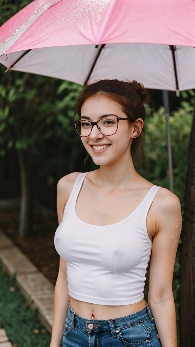 an 18-year-old American girl, redhead, with sardines on her face, very thin body, thin waist, showing her ribs, hair bun, framed glasses, pimples on her face, strange smile, pink cheeks from embarrassment, pimples on her face, ( (wearing a white tank top with thin straps wet from the rain)), sunbathing in the garden, rain, full breasts sagging, nipples showing through the clothes, impressive photographic realism, natural photo, grains of dust in the air, the highest photographic resolution, quality stunning image