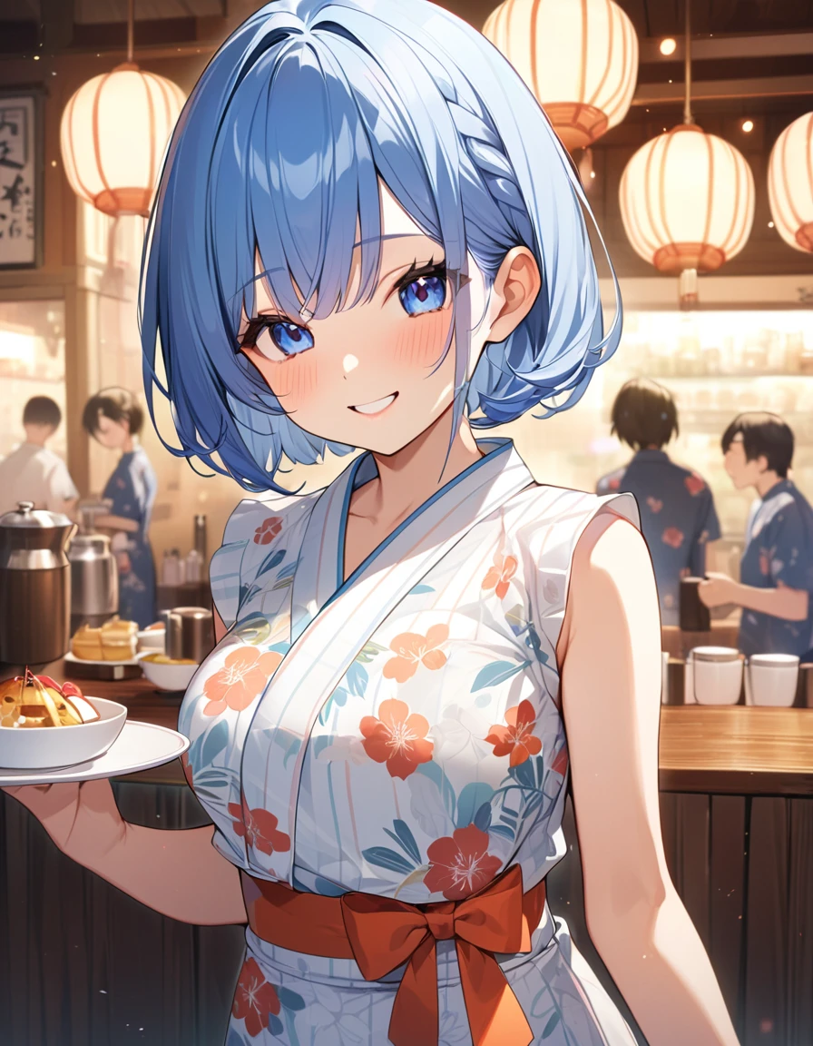 (Highest qualityのイラスト:1.2), (cute女の子:1.1), (1 girl、、Highest qualityのイラスト:1.2), (1 girl、smile、Beautiful breasts、Very detailedな目:1.2)、Bright blue hair、Short Bob Hair、(Highest quality、Very detailed、Very detailed and beautiful、Ultra-high resolution) 、Stylish cafe、waitress、Yukata、smile、cute