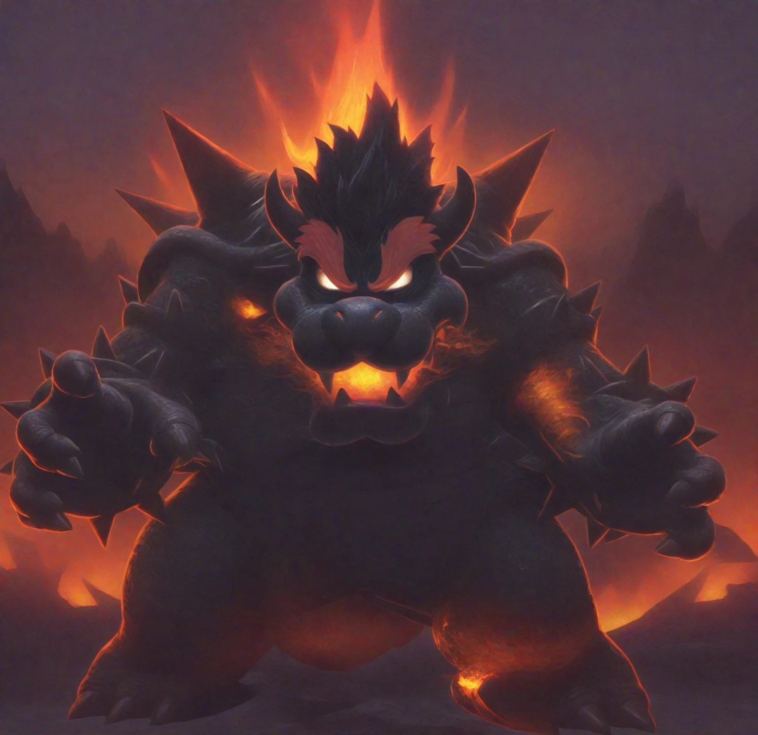 a close up of a cartoon character with a fire face, fire breathing. bowser, bowser, bowser nintendo, roshan, blazing infero, balrog, lava!!!, made of lava, glowing lava!!!, ruler of inferno, mario, final boss, koopa, menacing!!!, cacodemon, official artwork, intense smoldering, fire type