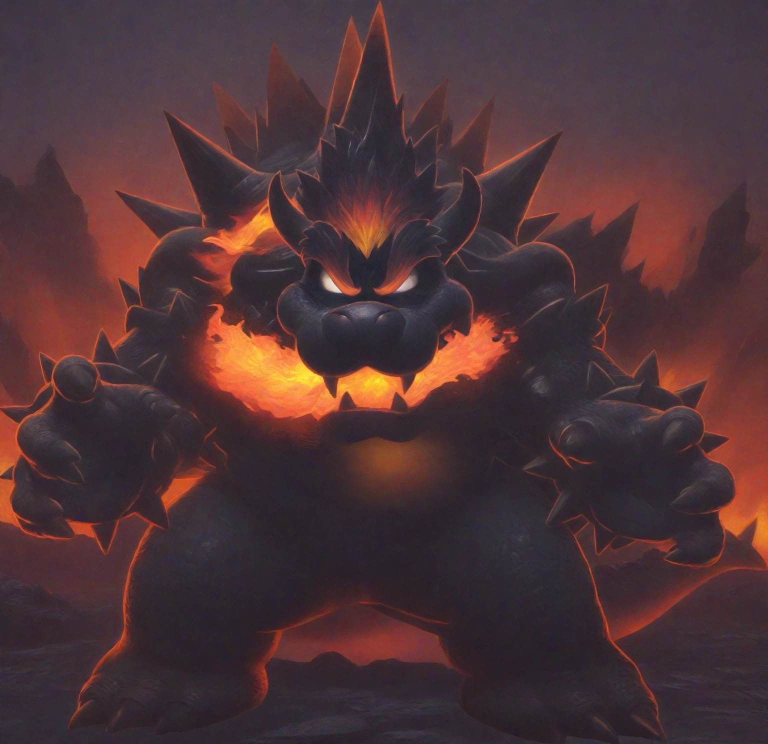 a close up of a cartoon character with a fire face, fire breathing. bowser, bowser, bowser nintendo, roshan, blazing infero, balrog, lava!!!, made of lava, glowing lava!!!, ruler of inferno, mario, final boss, koopa, menacing!!!, cacodemon, official artwork, intense smoldering, fire type