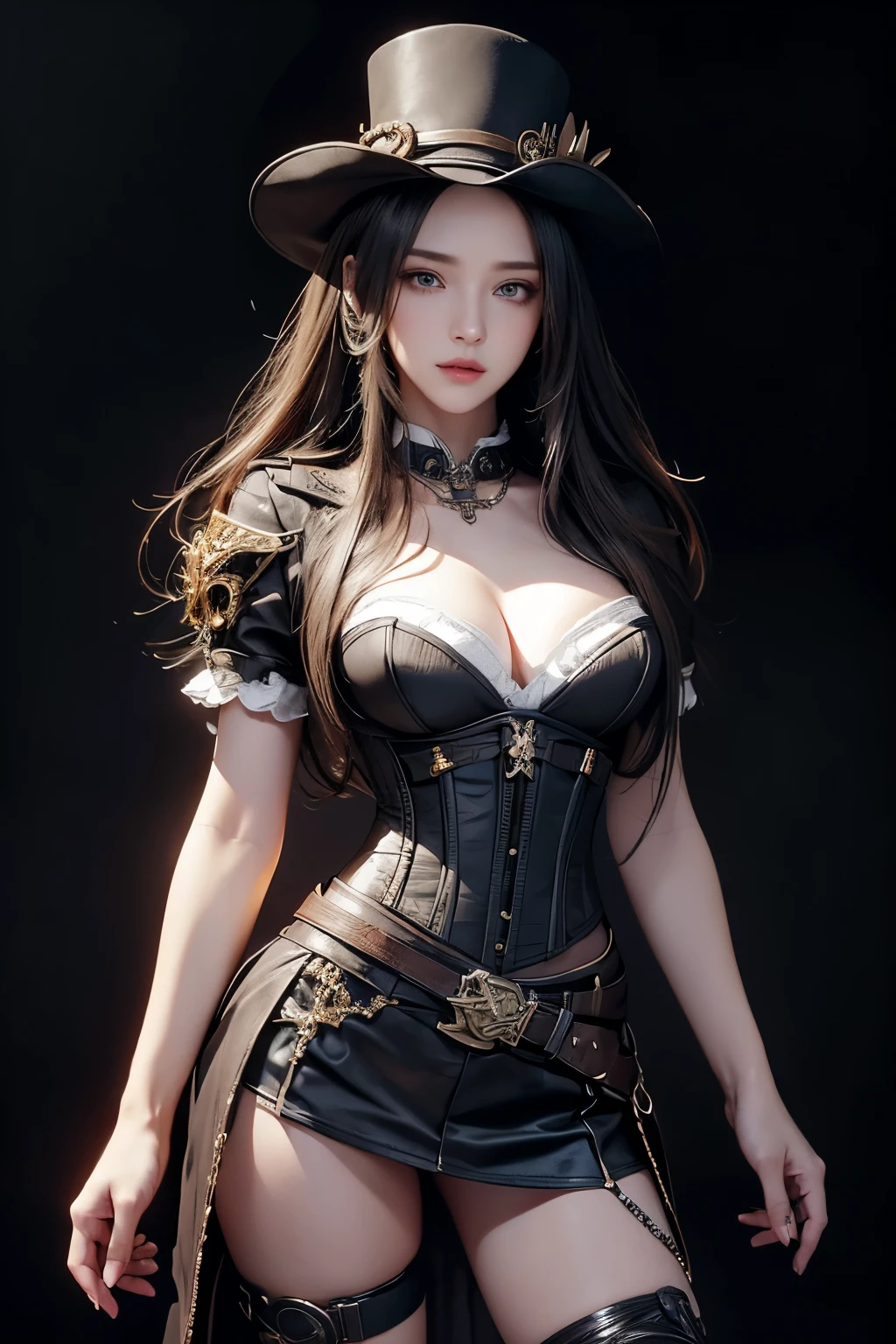 masterpiece, Highest quality, Very detailed, To the camera, 複雑に詳細なVery detailed, Realistic, Sharp features, Very detailed, Sharp focus, Perfect Face, Perfect Face, Perfect symmetry and perfect eyes, 完璧なふっくらlips, Flexible female form, Cinematic, Film Light, Very detailed, hyper Realistic, masterpiece, Atmospheric, High resolution, Vibrant, Dynamic Studio Lighting, ((Dark Background)), The expression when enduring pleasure, Realistic, High resolution, 1 female, Hip Up, Beautiful Eyes, Long Hair, Ring-shaped eyes, jewelry, tattoo, skirt, Thighs, hat, jewelry, boots, belt, lips, zettai ryouiki, boots de coxa, corset, topper, steampunk, steampunk_Fantasy