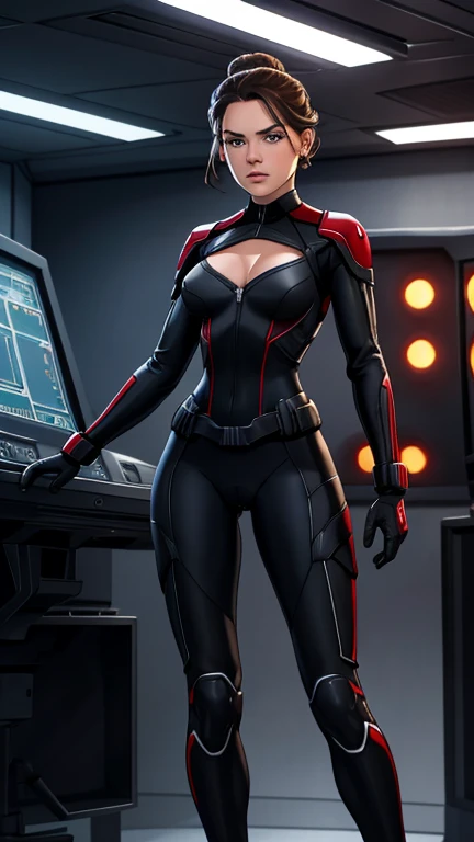 Daisy Ridley, 1 teen girl, tight black widow suit, bright red stripe accent on the side of the suit, full body suit, light cleavage, widow bite gloves, looking at the viewer, Cinema lighting, perfect, soft light, High resolution skin:1.2, Realistic skin texture, 14 years、a small face、No makeup、, Off the shoulders, Bust A cup, hazel eyes, bun, brunette hair、gray background, small young body, teen body, round ass, cameltoe, small hips, slender thighs, control room.