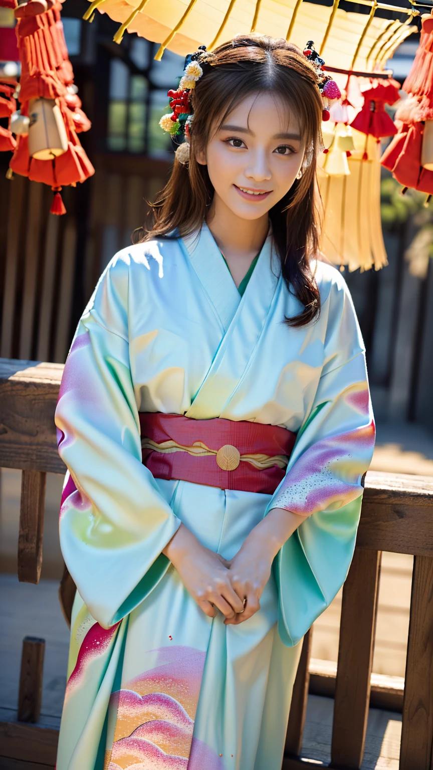 (((Regular dressing:1.5))),(Surreal), (High resolution), (8K), (Very detailed), (Best illustrations), (Beautifully detailed and sparkling eyes), (Highest quality), (Very detailedな), (masterpiece), (wallpaper), (Detailed face), (Beautiful smile)、(Beautiful expression)、One female、Looking into the camera、((Glamorous Body))、(((Beautiful kimono、National treasure-class kimono,Thick kimono:1.5)))