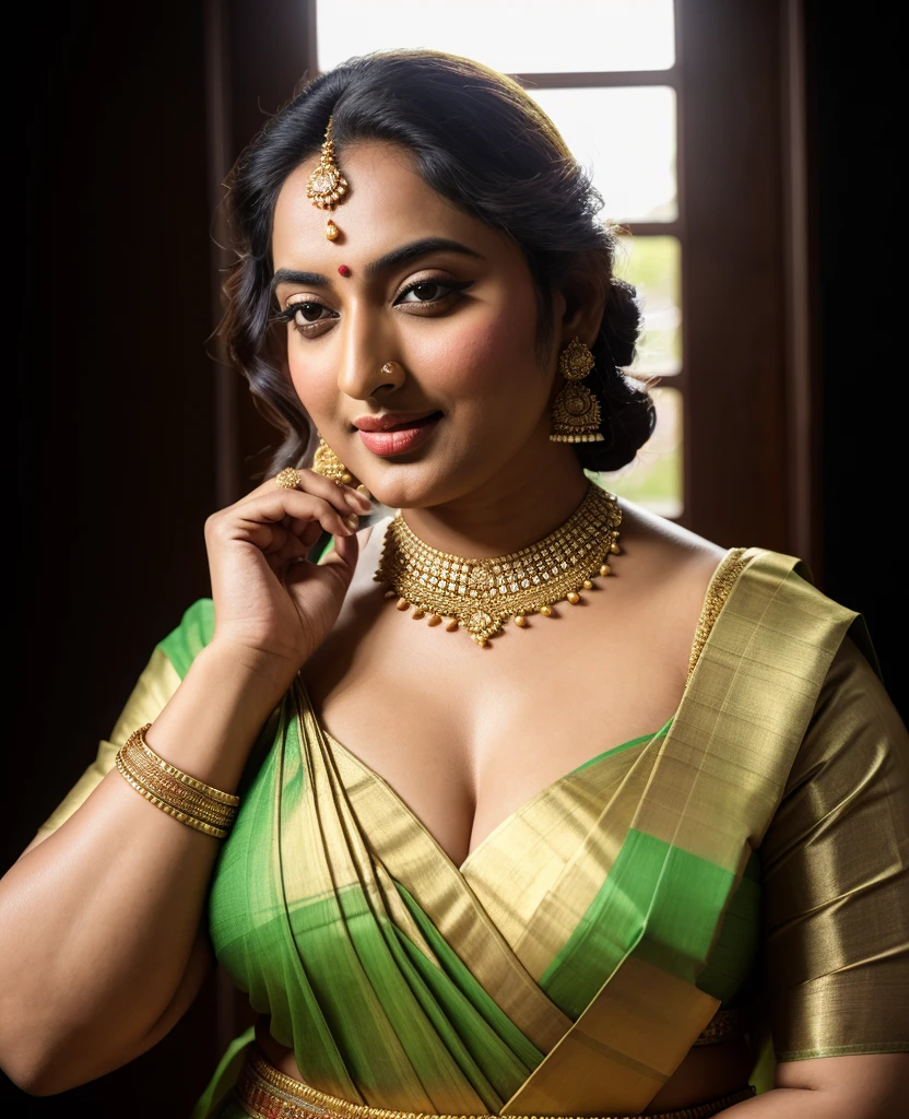 Foto RAW, photorealistic, photography, full body shot, master shot, perfect eyes, goddess like beauty, pierced eyes, perfect thick chubby mallu Desi aunty bhabhi, Wearing a Stanapatta, a chest-band.Saree model, model Photography, Indian saree shoot, Indian traditional wear advertising photography, traditional wear brand shoot, face of Indian actress Sonakshi Sinha, masterpiece, realistic, realism, incredible details, pleasure, photorealism, detailed skin, skin pores, high contrast, photorealistic Artstation 8k HD digital art trend of high definition and detailed realistic skin texture, ultra detail, realistic skin texture, armature, best quality, ultra high definition, (photorealistic:1.4),, high resolution, detail, raw photo, sweat, Re sharp, by Lee Jefferies Nikon D850 Film Stock Photo 4 Kodak Portra 400 Camera F1.6 Lens Rich Color Ultra Real Realistic Realistic Textures Dramatic Lighting Unreal Engine Trending at Art Station Cinestill 800,(pele altamente detalhada: 1.2), 8k UHD, DSLR, soft-lighting, alta qualidade, grain of film, Fujifilm XT3,she didn't like to wear blouse or bra, she is happy to wear only saree, she hates blouse or bra, detailed hairy armpits, hyper realistic skin, skin pores, sweat, veins,