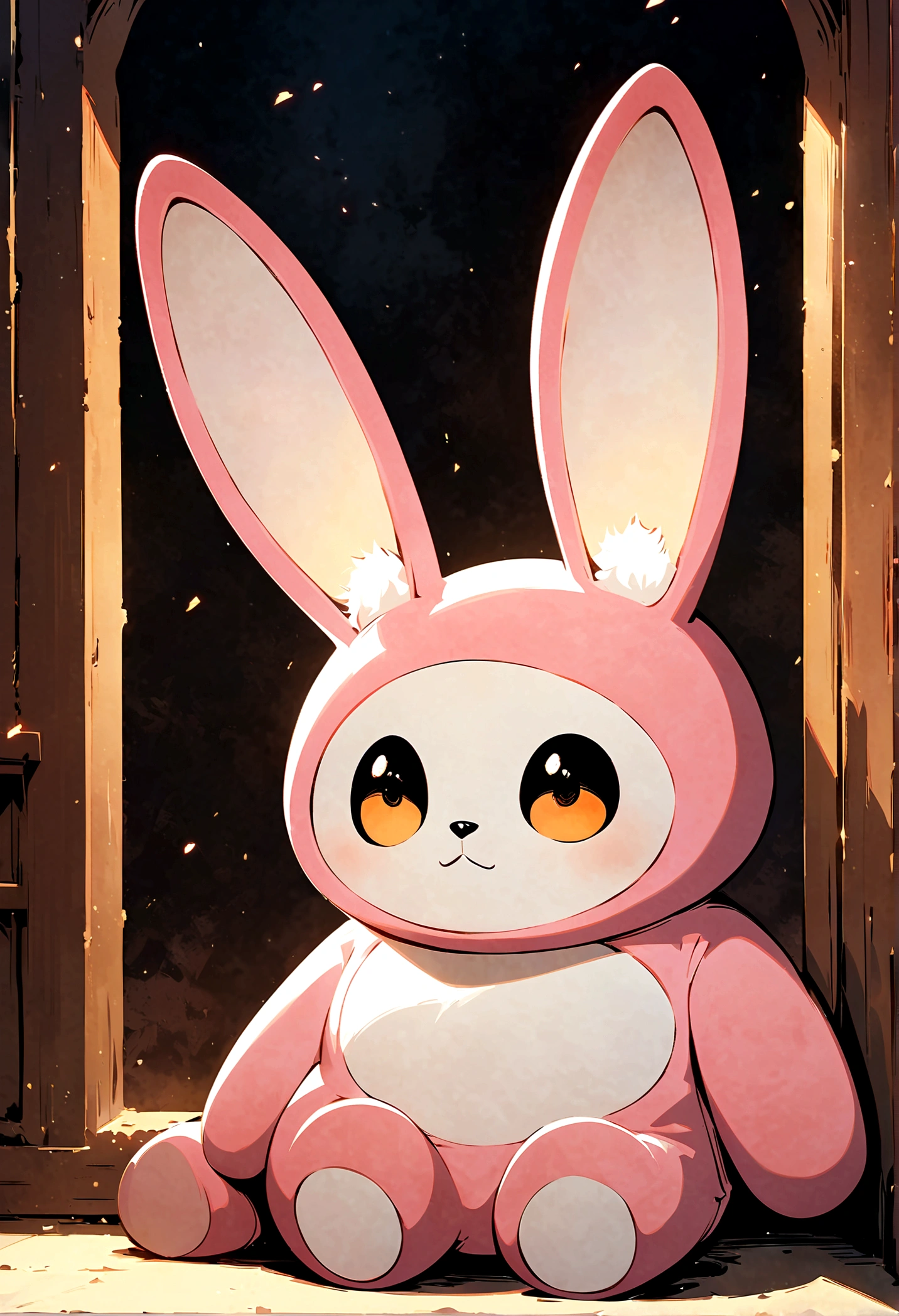 (jujutsu kaisen art style), stuffed bunny sitting by itself, Giant ears , non human, no clothes, artwork