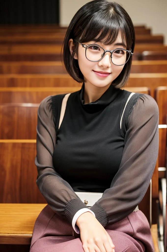 University lecture hall, university psychology associate professor, ((full body)), ((photo)), ((best qualtiy, 8K, tmasterpiece:1.3)), Focus:1.2, perfect figure beautiful woman:1.4, 1woman, cowboy shot, look at viewer, eyes facing the camera, incredibly absurd, beautiful and cute woman with a photorealistic face, showcasing top-quality craftsmanship, A Japanese woman giving a lecture at a university lecture hall, 27 years old, with a bob cut and flipped hair, short bangs swept at an angle, smooth and shiny hair, natural hairline, fair and smooth skin, plump and healthy cheeks, large, jet black eyes, round eyes, long and upward-facing eyelashes, double eyelids, thin and straight eyebrows, small and round nose, plump lips, upturned corners of the mouth, charming smile, cute face, glamorous, well-balanced proportions, tall, beautiful D-cup breasts, silver-rimmed glasses, pink blouse, black tight skirt, fashion with a waist-marked silhouette, scarf, heeled shoes, vanilla perfume, beautiful, pretty older woman, glasses suit her, knowledgeable, playful, curious, intelligent, elegant, November