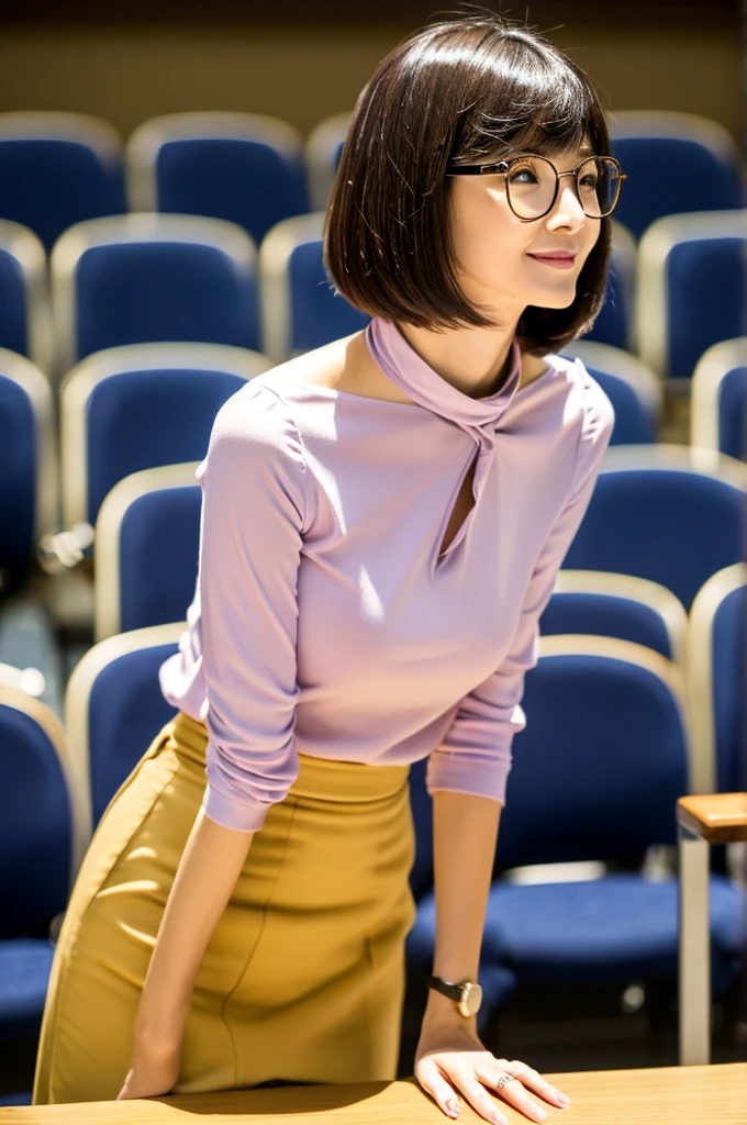 University lecture hall, university psychology associate professor, ((full body)), ((photo)), ((best qualtiy, 8K, tmasterpiece:1.3)), Focus:1.2, perfect figure beautiful woman:1.4, 1woman, cowboy shot, look at viewer, eyes facing the camera, incredibly absurd, beautiful and cute woman with a photorealistic face, showcasing top-quality craftsmanship, A Japanese woman giving a lecture at a university lecture hall, 27 years old, with a bob cut and flipped hair, short bangs swept at an angle, smooth and shiny hair, natural hairline, fair and smooth skin, plump and healthy cheeks, large, jet black eyes, round eyes, long and upward-facing eyelashes, double eyelids, thin and straight eyebrows, small and round nose, plump lips, upturned corners of the mouth, charming smile, cute face, glamorous, well-balanced proportions, tall, beautiful D-cup breasts, silver-rimmed glasses, pink blouse, black tight skirt, fashion with a waist-marked silhouette, scarf, heeled shoes, vanilla perfume, beautiful, pretty older woman, glasses suit her, knowledgeable, playful, curious, intelligent, elegant, November