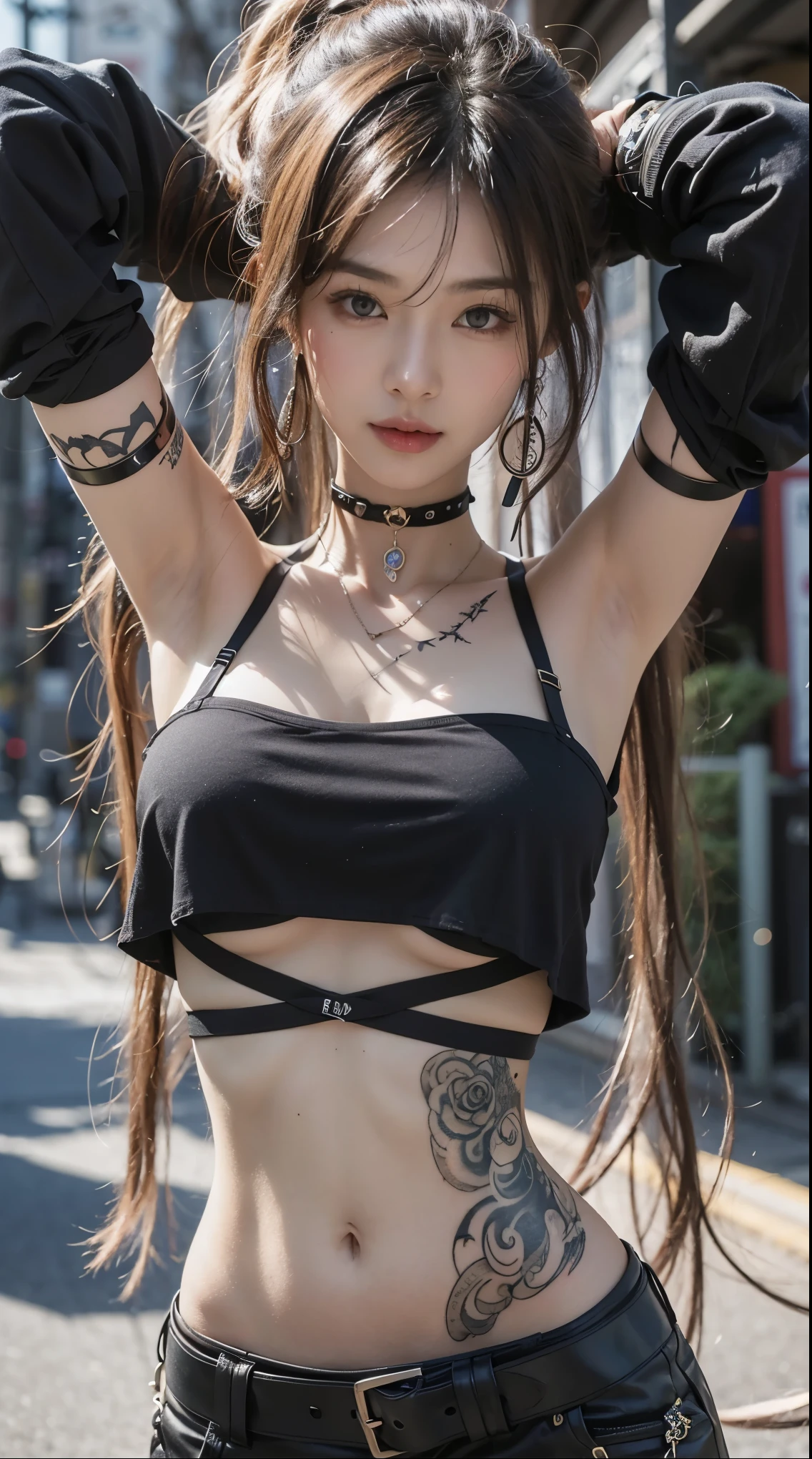 Beautiful Japanese Waifu, early 30s, brunette hair, black bra, neck belt, tattoos on body