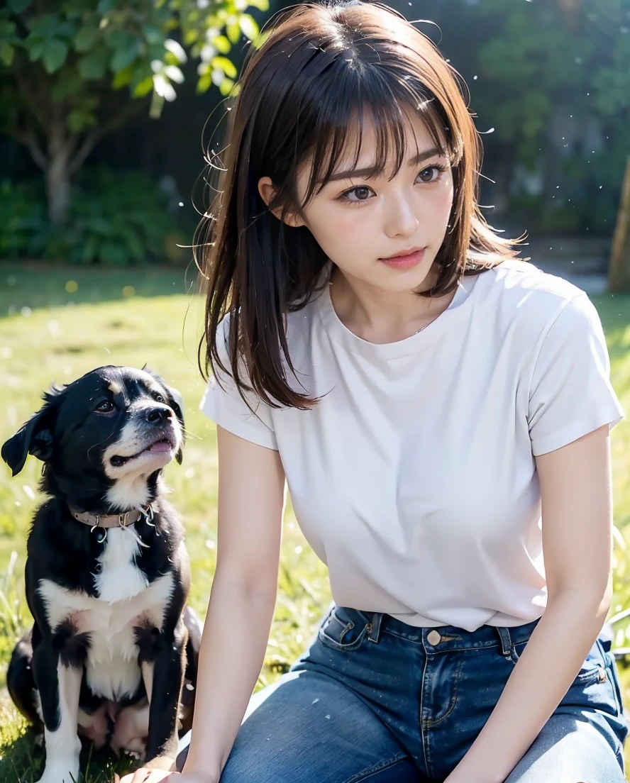 Staring at the dog、A woman playing with many small black puppies、Stylish white shirt and jeans、Super delicate dog expression、Being with a dog、A girl and a dog warming themselves by a bonfire、Lens flare、Hair blowing in the wind、Medium Hair、、Expressing the whiteness of one's breath、Photo from the waist up、Night city illumination shot、Cowgirl Shot、Fur coat、豪華なグレーのミンクのFur coat、Wear fine leather boots、Luxury Bags、Inner turtleneck、Silver necklace and small silver earrings Millionaire style:1.4))、Full body photo、smile、 Caustics、Highly detailed photos、Very beautiful woman 、Ample breasts、No makeup、(8K、RAW Photos、Highest quality、masterpiece:1.2)、(Realistic、Realistic)、1 Girl、((Medium Short Hair、Midwinter、Cold region Snow falling、The wind is blowing、Fluttering Hair、Blur the background、Colorful illuminations、Looking into the camera:1.4))、