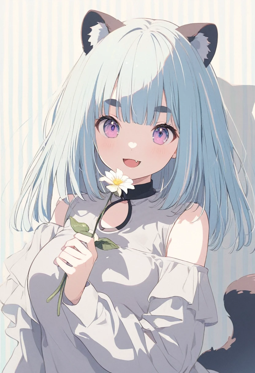 anime,(pale colors:1.8),long shot, 1girl, (on right:1.3), solo, cat mouth, dynamic angle, holding flower, smile, fang, blue hair, bobcut, straight hair, racoon ears, racoon tail, (brown streaked hair:1.3), (blunt bangs) ,thick eyebrows, big breast, off shoulder clothes, cutout, striped background, shadow,