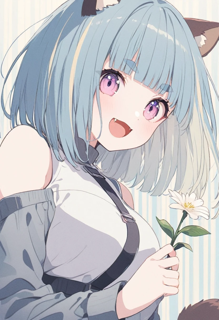 anime,(pale colors:1.8),long shot, 1girl, (on right:1.3), solo, cat mouth, dynamic angle, holding flower, smile, fang, blue hair, bobcut, straight hair, racoon ears, racoon tail, (brown streaked hair:1.3), (blunt bangs) ,thick eyebrows, big breast, off shoulder clothes, cutout, striped background, shadow,
