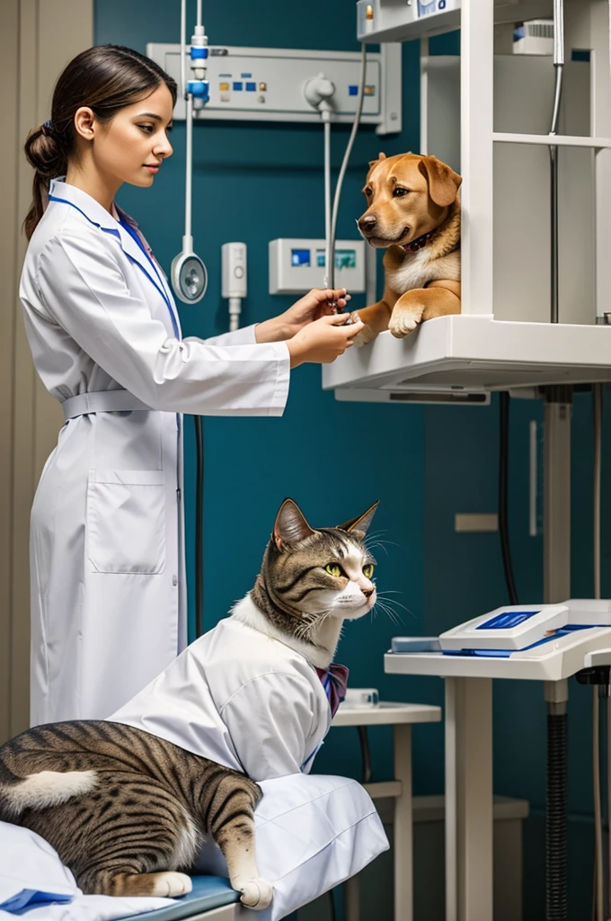 ((best quality)), ((masterpiece)), (detailed), a cat dressed as a doctor, working in a hospital, (the patient is a dog) 