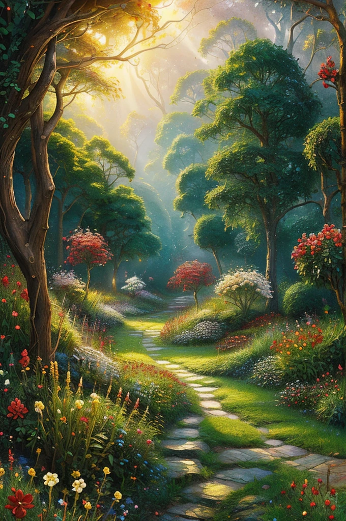 intricate,intertwining snakes,slithering through a field of red,white and golden flowers,highly detailed,photorealistic,dramatic lighting,vibrant colors,lush foliage,ethereal atmosphere,wildlife,nature,fantasy,magical realism,mesmerizing,hypnotic movement,seamless composition,award winning digital art