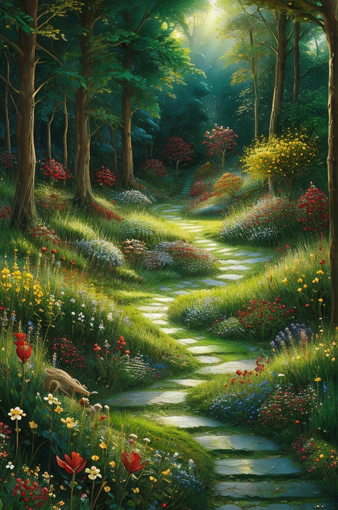 intricate,intertwining snakes,slithering through a field of red,white and golden flowers,highly detailed,photorealistic,dramatic lighting,vibrant colors,lush foliage,ethereal atmosphere,wildlife,nature,fantasy,magical realism,mesmerizing,hypnotic movement,seamless composition,award winning digital art