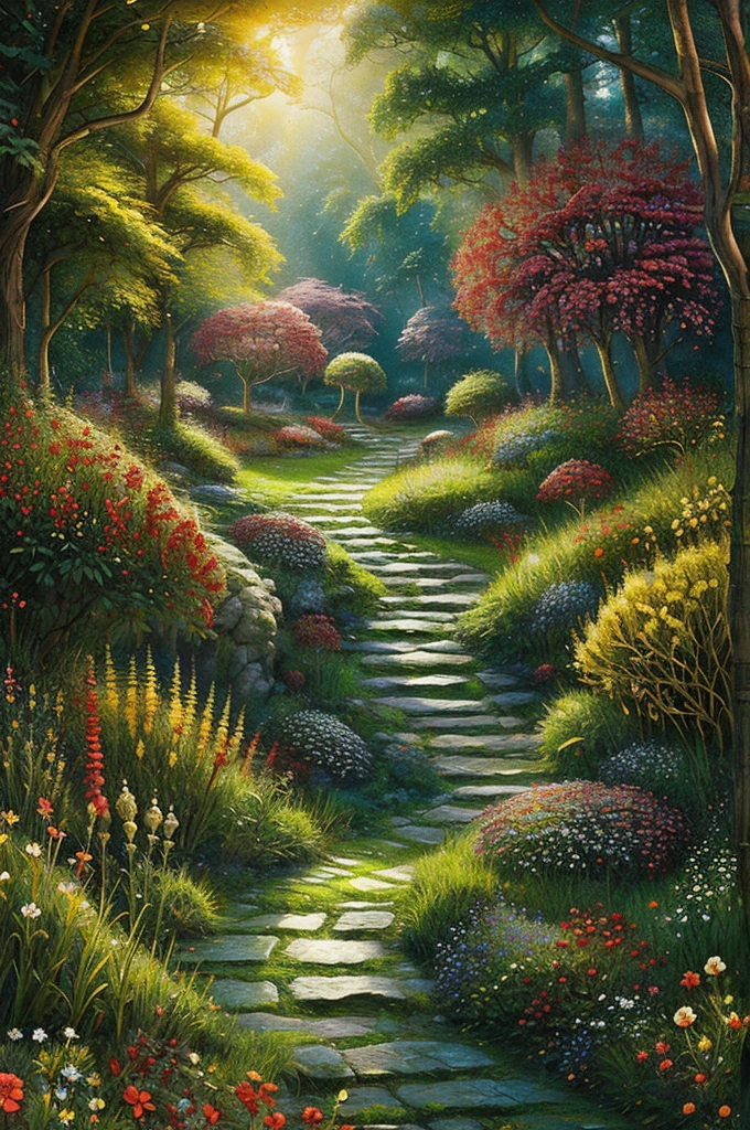 intricate,intertwining snakes,slithering through a field of red,white and golden flowers,highly detailed,photorealistic,dramatic lighting,vibrant colors,lush foliage,ethereal atmosphere,wildlife,nature,fantasy,magical realism,mesmerizing,hypnotic movement,seamless composition,award winning digital art