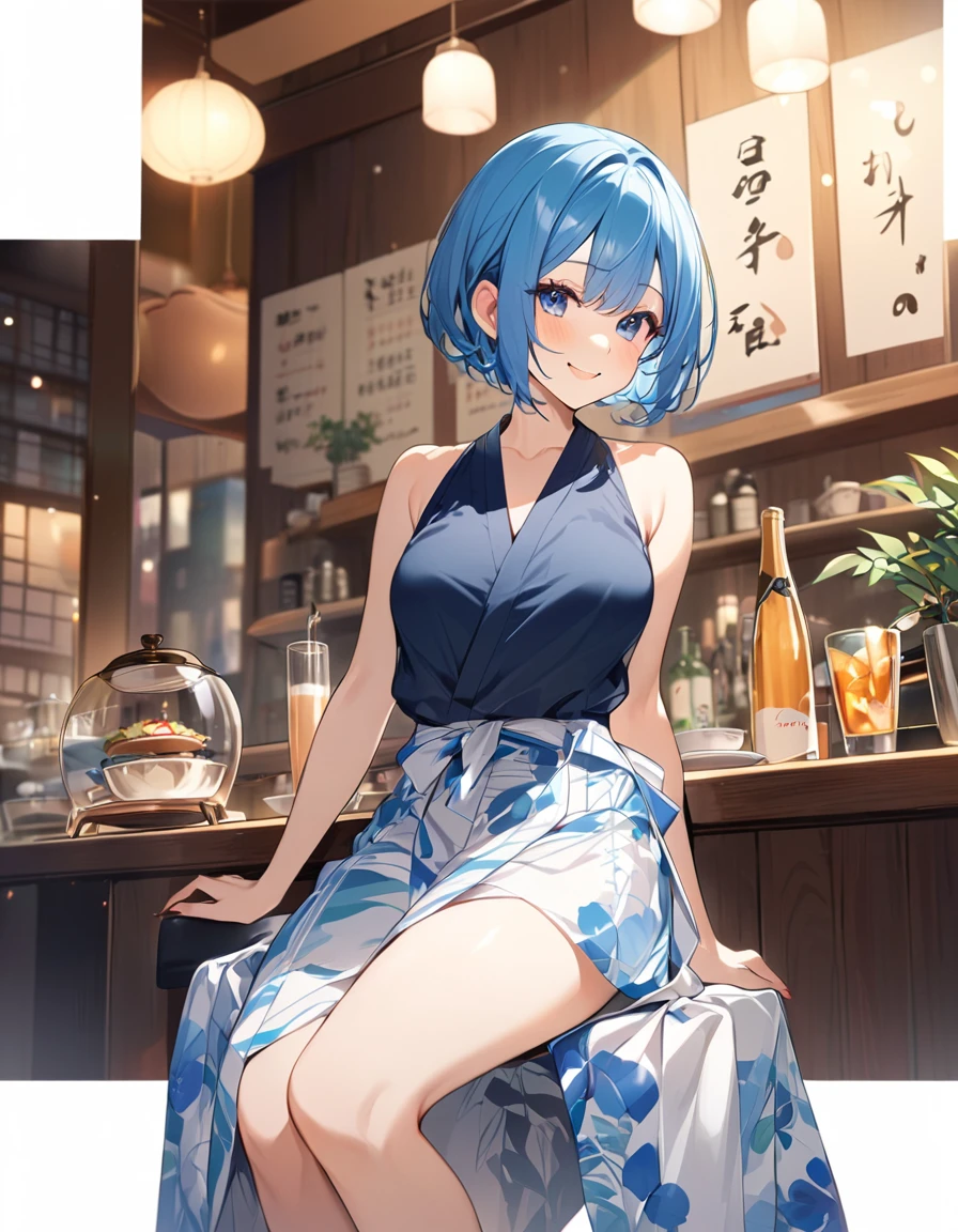 (Highest qualityのイラスト:1.2), (cute女の子:1.1), (1 girl、、Highest qualityのイラスト:1.2), (1 girl、smile、Beautiful breasts、Very detailedな目:1.2)、Bright blue hair、Short Bob Hair、(Highest quality、Very detailed、Very detailed and beautiful、Ultra-high resolution) 、Stylish cafe、waitress、Yukata、No sleeve、smile、cute