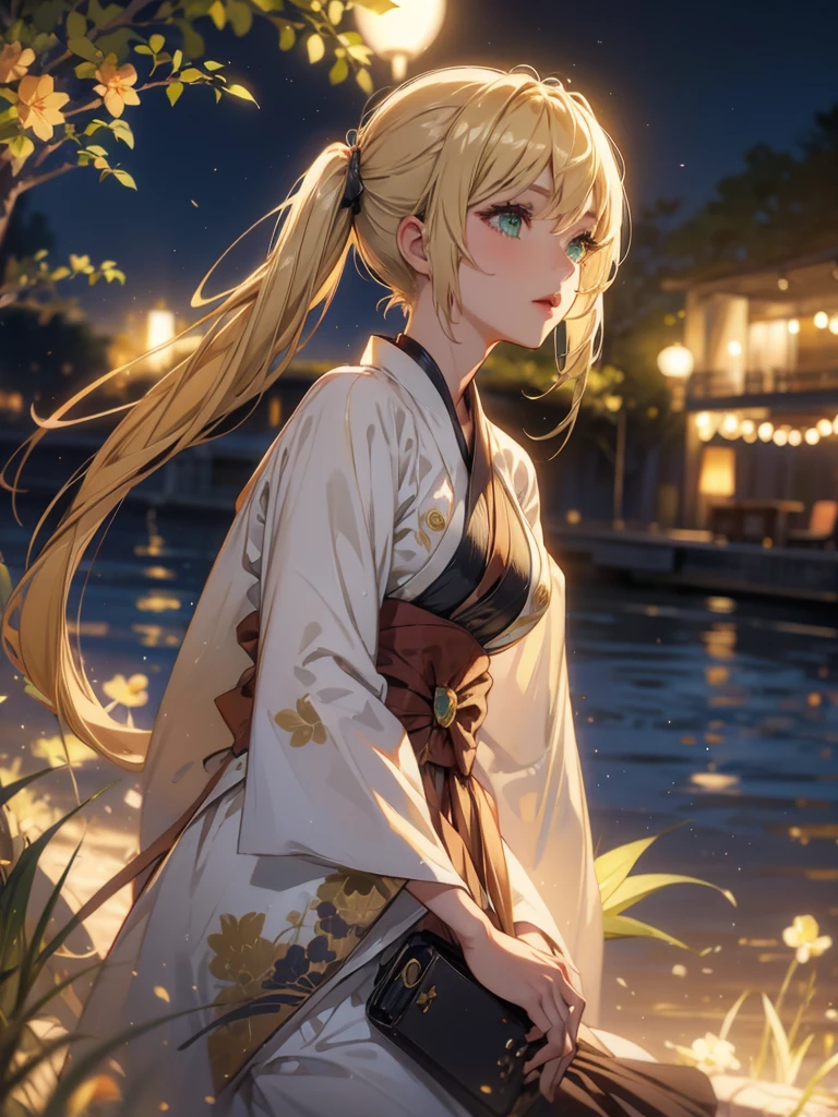 Layla , kimono night in firework , blonde hair, pigtailed haired , long hair , green eyes