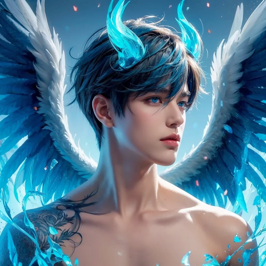 Handsome boy, blue hair, shining blue eyes, blue wings