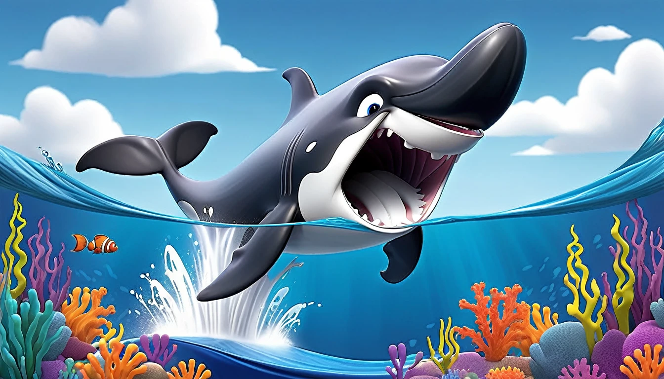 Create a 3-D Pixar style art scene for kids featuring a close-up of a whale's blowhole with water spouting out. The scene should be colorful and vibrant, with an ocean background, coral reefs, and schools of fish. The text 'Whales breathe through blowholes!' should be prominently displayed. The overall mood should be engaging and inviting for young children