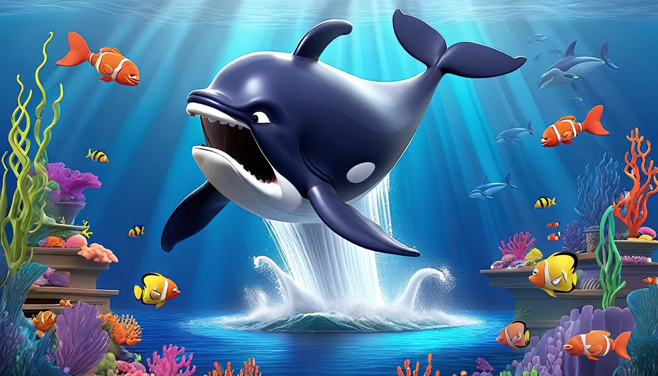 Create a 3-D Pixar style art scene for kids featuring a close-up of a whale's blowhole with water spouting out. The scene should be colorful and vibrant, with an ocean background, coral reefs, and schools of fish. The text 'Whales breathe through blowholes!' should be prominently displayed. The overall mood should be engaging and inviting for young children