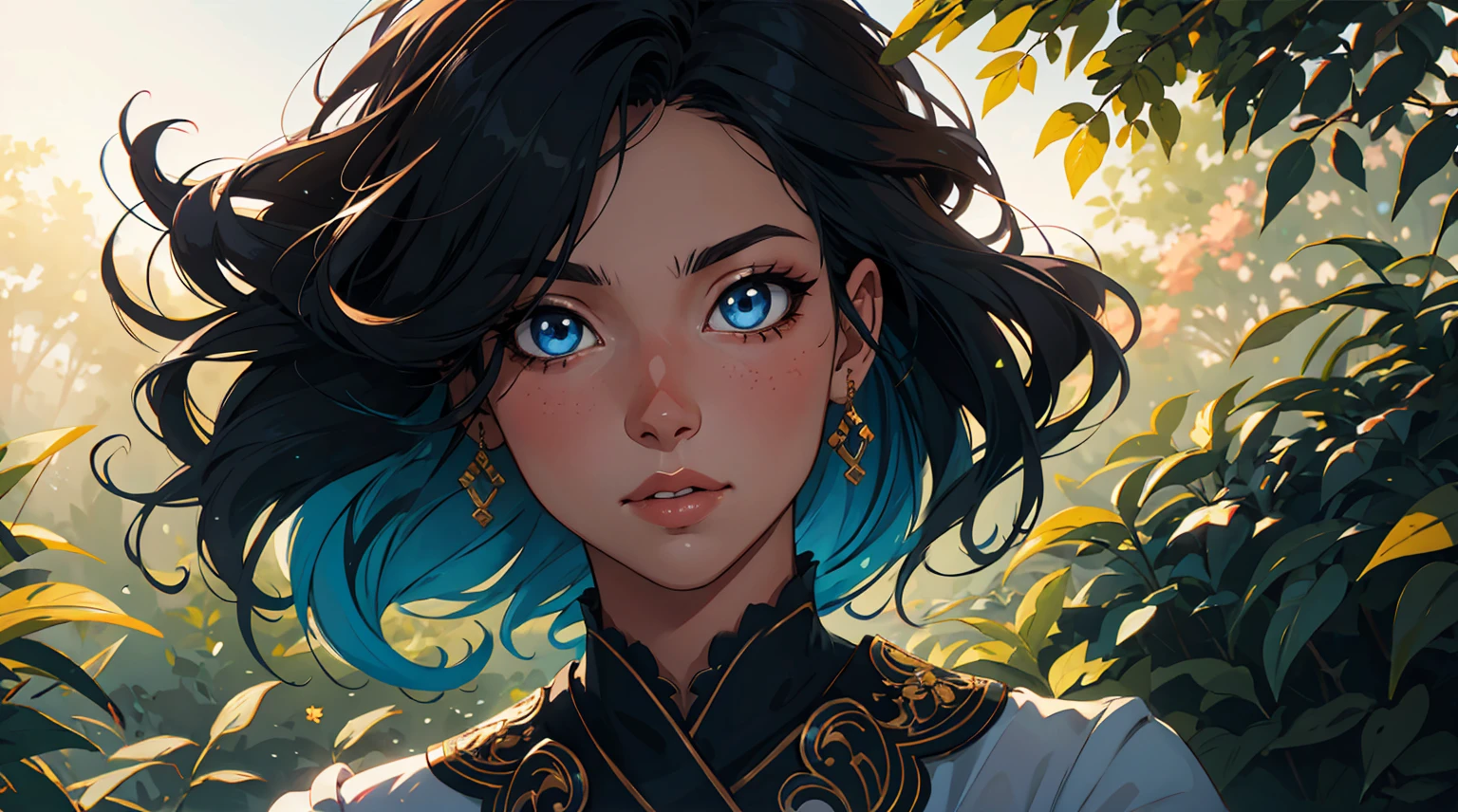 beautiful detailed eyes, beautiful detailed lips, extremely detailed eyes and face, long eyelashes, 1 girl, original character, digital painting, masterpiece, photorealistic, high quality, ethereal, soft lighting, dynamic pose, elegant, serene expression, detailed facial features, intricate hairstyle, flowing fabric, detailed background, lush foliage, dreamy, cinematic composition, vibrant colors, dramatic lighting