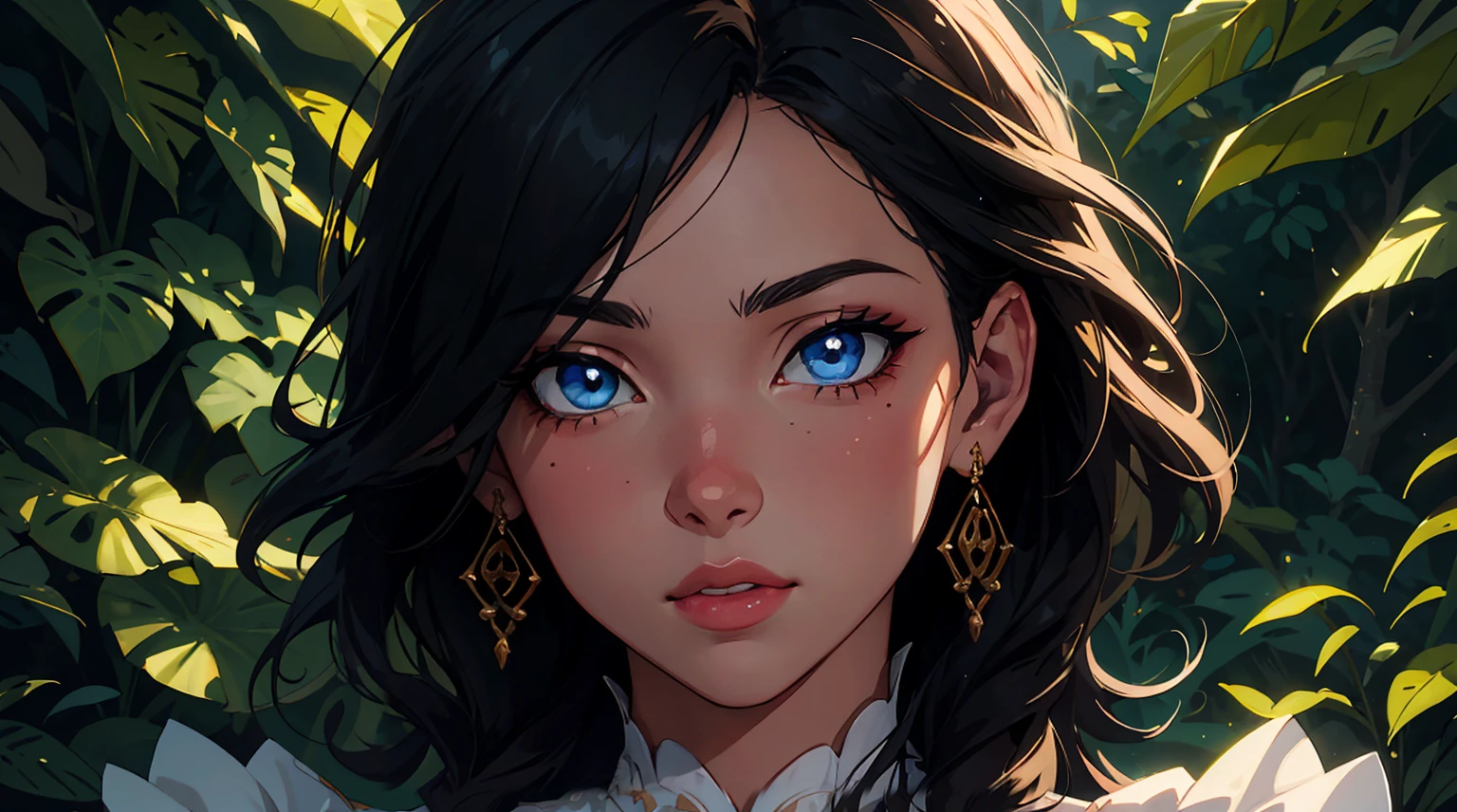 beautiful detailed eyes, beautiful detailed lips, extremely detailed eyes and face, long eyelashes, 1 girl, original character, digital painting, masterpiece, photorealistic, high quality, ethereal, soft lighting, dynamic pose, elegant, serene expression, detailed facial features, intricate hairstyle, flowing fabric, detailed background, lush foliage, dreamy, cinematic composition, vibrant colors, dramatic lighting