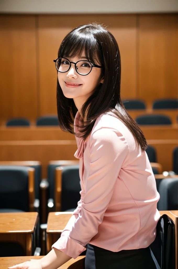 University lecture hall, university psychology associate professor, ((full body)), ((photo)), ((best qualtiy, 8K, tmasterpiece:1.3)), Focus:1.2, perfect figure beautiful woman:1.4, 1woman, cowboy shot, look at viewer, eyes facing the camera, incredibly absurd, beautiful and cute woman with a photorealistic face, showcasing top-quality craftsmanship, A Japanese woman giving a lecture at a university lecture hall, 27 years old, with a bob cut and flipped hair, short bangs swept at an angle, smooth and shiny hair, natural hairline, fair and smooth skin, plump and healthy cheeks, large, jet black eyes, round eyes, long and upward-facing eyelashes, double eyelids, thin and straight eyebrows, small and round nose, plump lips, upturned corners of the mouth, charming smile, cute face, glamorous, well-balanced proportions, tall, beautiful D-cup breasts, silver-rimmed glasses, pink blouse, black tight skirt, fashion with a waist-marked silhouette, scarf, heeled shoes, vanilla perfume, beautiful, pretty older woman, glasses suit her, knowledgeable, playful, curious, intelligent, elegant, November