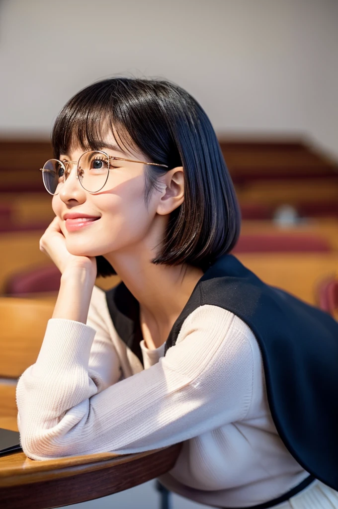 University lecture hall, university psychology associate professor, ((full body)), ((photo)), ((best qualtiy, 8K, tmasterpiece:1.3)), Focus:1.2, perfect figure beautiful woman:1.4, 1woman, cowboy shot, look at viewer, eyes facing the camera, incredibly absurd, beautiful and cute woman with a photorealistic face, showcasing top-quality craftsmanship, A Japanese woman giving a lecture at a university lecture hall, 27 years old, with a bob cut and flipped hair, short bangs swept at an angle, smooth and shiny hair, natural hairline, fair and smooth skin, plump and healthy cheeks, large, jet black eyes, round eyes, long and upward-facing eyelashes, double eyelids, thin and straight eyebrows, small and round nose, plump lips, upturned corners of the mouth, charming smile, cute face, glamorous, well-balanced proportions, tall, beautiful D-cup breasts, silver-rimmed glasses, pink blouse, black tight skirt, fashion with a waist-marked silhouette, scarf, heeled shoes, vanilla perfume, beautiful, pretty older woman, glasses suit her, knowledgeable, playful, curious, intelligent, elegant, November