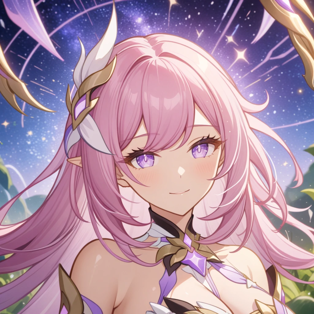 ai-generated,very aesthetic,1girl,elysia_/(herrscher_of_human:ego/)_/(honkai_impact/),pointed_ears,pink_hair,dreamy anime fantasy background,garden of eden,raytracing,light purple eyes,floating,light particles,dsmile,starry sky,celestial,intricate,large breasts,long eyelashes,goddess,(best quality,4k,8k,highres,masterpiece:1.2)