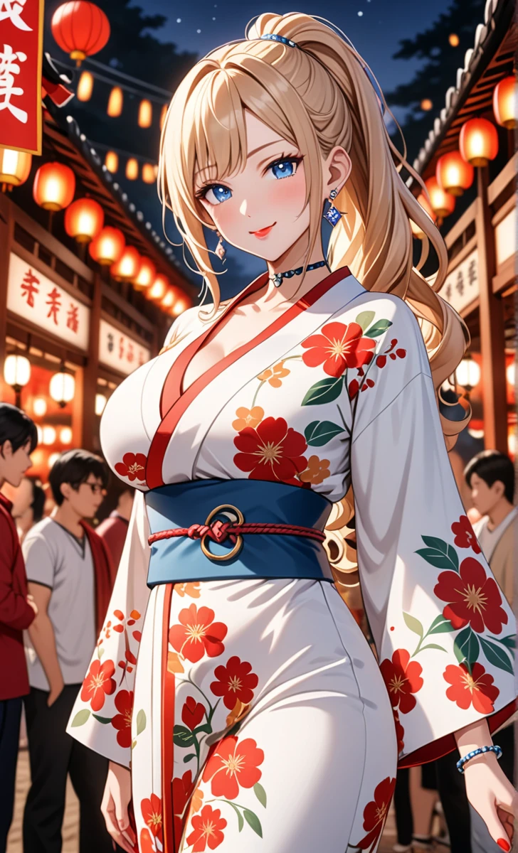 ((one girl)), hyper detailed, absurdres, 8K,Cute face, Beautiful Face, (Laugh shyly), ((laugh:1.4)), ((Wink:1.8)), (Laugh with your mouth wide open),(Tilt your head:1.3), View your viewers, ((Bright red cheeks:1.6)),Glossy Red Lips, ((Big Breasts:1.4)) night, Shrine festival stalls, (Brighten your face), ((Anime style background)),masterpiece, Highest quality, so beautiful,Latest, Complex details, (Pink long nails), (nail art), (ring),(bracelet), (helix piercing:1.7), (Floral Choker),AI-generated, Complex,High resolution, Highest quality, super high quality,3D Images、3D Images,One person,Blonde long hair,(High Ponytail), (Wavy Hair), Anime woman posing for a photo, ((Fine grain、blue eyes、Shining Eyes:1.4)), (Squint your eyes:1.1),a hyperRealistic , hyperRealistic , Realistic,Long blonde anime woman, Smooth anime CG art, Pink large floral patternの刺繍が入った、A girl in a gorgeous kimono, ((White long-sleeved kimono)),(Pink large floral pattern) ,Long flower hair ornament,Floral Earrings,Mature Body, expensive,Abdominal muscles,Tight waist,((face focus:1.3)), (dutch angle:1.3), (front view),