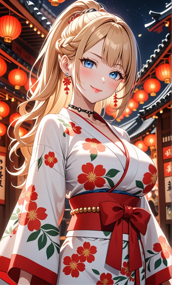 ((one girl)), hyper detailed, absurdres, 8K,Cute face, Beautiful Face, (Laugh shyly), ((laugh:1.4)), ((Wink:1.8)), (Laugh with your mouth wide open),(Tilt your head:1.3), View your viewers, ((Bright red cheeks:1.6)),Glossy Red Lips, ((Big Breasts:1.4)) night, Shrine festival stalls, (Brighten your face), ((Anime style background)),masterpiece, Highest quality, so beautiful,Latest, Complex details, (Pink long nails), (nail art), (ring),(bracelet), (helix piercing:1.7), (Floral Choker),AI-generated, Complex,High resolution, Highest quality, super high quality,3D Images、3D Images,One person,Blonde long hair,(High Ponytail), (Wavy Hair), Anime woman posing for a photo, ((Fine grain、blue eyes、Shining Eyes:1.4)), (Squint your eyes:1.1),a hyperRealistic , hyperRealistic , Realistic,Long blonde anime woman, Smooth anime CG art, Pink large floral patternの刺繍が入った、A girl in a gorgeous kimono, ((White long-sleeved kimono)),(Pink large floral pattern) ,Long flower hair ornament,Floral Earrings,Mature Body, expensive,Abdominal muscles,Tight waist,((face focus:1.3)), (dutch angle:1.3), (front view),