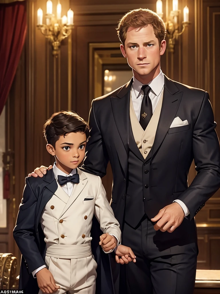 lustration in Leyendecker style : Muscular and pumped-up Prince Harry as James Bond , Agent 007, in an expensive suit