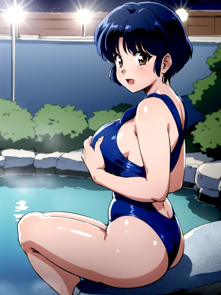 HDR, CG, sharp focus, (8k), (4k), masterpiece, best quality, detailed skin, extremely detailed, hiper detailed, sharp focus, looking at viewer, high quality, AKANE, Akane tendou, short hair, blue hair, brown eyes , tetas grandes, bLush, solo, 1girl, sit on rock, hands on chest, smile,  open mouth, hot springs background, night time, towel, bathing, back view, 