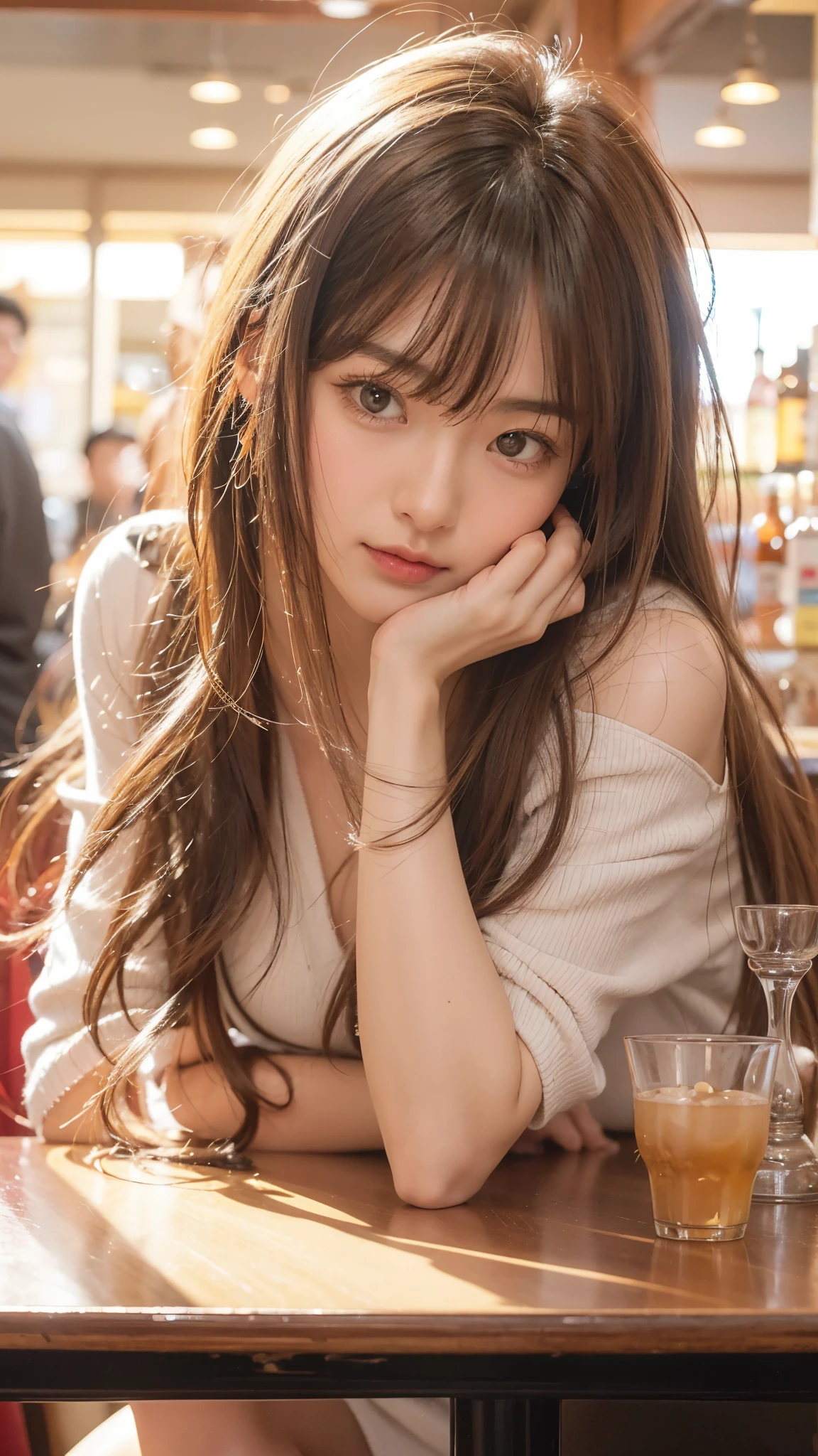 Beautiful Japanese Waifu, early 30s, brunette hair, slightly drunk, sitting in a busy bar