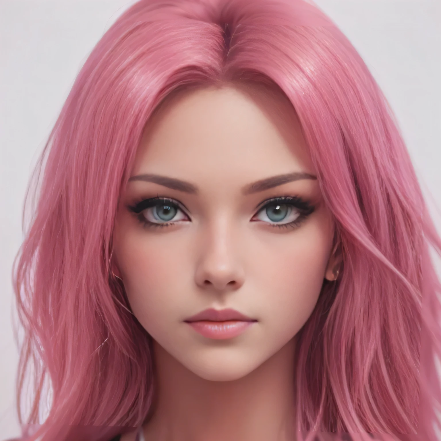 Close-up of a woman with pink hair and green eyes, germ of art portrait, germ of art. high detail, realistic anime art style, stunning woman face portrait, realistic style, realistic anime art style, 3d realistic anime style, realistic anime face, style germ of art, realistic art style, ultra realistic anime style