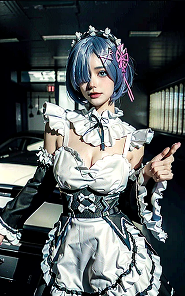 Best quality, masterpiece, ultra high res, raw photo, beautiful and aesthetic,deep shadow, dark theme,(photorealistic:1.4),
R_E_M, 1girl, short blue hair, blue eyes, hair over one eye, hair ornament, pink hair ribbon, rem's maid uniform, detached sleeves,
Graceful poise, evocative atmosphere, magnetic presence, refined seduction, captivating mystique,